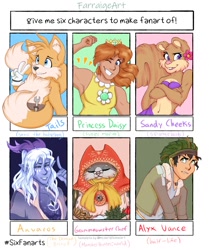 Size: 1072x1280 | Tagged: safe, artist:farraigeart, fox, human, squirrel, 2020, aavaros, alyx vance, character name, english text, grammeowster chef, group, half-life, monster hunter, monster hunter:world, princess daisy, sandy cheeks, signature, six fanarts, spongebob squarepants, super mario bros., text, the dragon prince, wrench