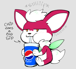 Size: 931x850 | Tagged: safe, artist:pukopop, chip, sonic unleashed, 2023, :3, chipabetes, cute, drink, drinking, english text, fizzy soda can, flat colors, grey background, holding something, lidded eyes, looking ahead, looking offscreen, male, no pupils, paws, pepsi, real-time fandub games, sfx, signature, simple background, sitting, soda, solo, star (symbol), text