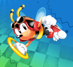 Size: 1620x1500 | Tagged: safe, artist:artisyone, charmy bee, sonic origins, 2022, abstract background, classic charmy, classic style, holding something, lineless, looking at viewer, ring, signature, smile, smiling at viewer, solo