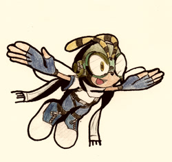 Size: 1533x1441 | Tagged: safe, artist:nextgrandcross, charmy bee, 2009, alternate outfit, arms out, flying, goggles, looking ahead, looking offscreen, mid-air, mouth open, open smile, pilot hat, scarf, smile, solo, traditional media