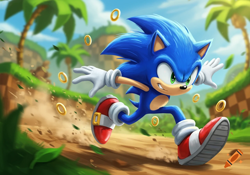 Size: 1280x896 | Tagged: safe, ai art, artist:craiyon, sonic the hedgehog, hedgehog, green hill zone, abstract background, arms out, clouds, daytime, dust clouds, grass, leaf, lineless, looking ahead, looking offscreen, male, outdoors, palm tree, ring, running, smile, solo