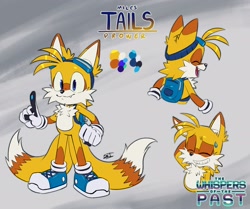 Size: 2048x1713 | Tagged: safe, artist:behtartz, miles "tails" prower, 2025, backpack, blue shoes, character name, chest fluff, color palette, ear fluff, fur markings, goggles, goggles on head, gradient background, grin, hand behind head, looking at viewer, male, one fang, open smile, pointing, redesign, signature, smile, smiling at viewer, solo, standing, sweatdrop, text