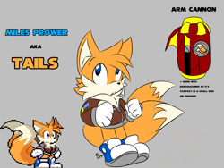 Size: 2048x1536 | Tagged: safe, artist:xeonthehedgehog, miles "tails" prower, 2025, alternate outfit, arm buster, aviator jacket, blue shoes, character name, chest fluff, clothes, cute, flat colors, grey background, jacket, looking up, pixel art, signature, simple background, solo, standing, text