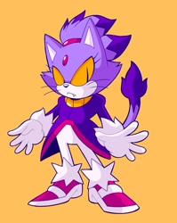 Size: 838x1055 | Tagged: safe, artist:cory_hedgehog, blaze the cat, 2025, eyelashes, frown, looking at viewer, one fang, simple background, solo, standing, whiskers, yellow background, yellow sclera