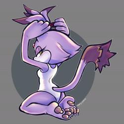 Size: 1919x1919 | Tagged: safe, artist:marty_jade23, blaze the cat, 2024, alternate outfit, barefoot, bodysuit, claws, kneeling, lidded eyes, looking at viewer, pawpads, paws, signature, solo