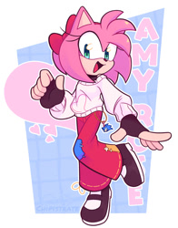 Size: 1565x2000 | Tagged: safe, artist:chipistrate, amy rose, 2025, abstract background, alternate outfit, bow, character name, charm, cute, fingerless gloves, gloves, heart, looking at viewer, mary-janes, mouth open, open smile, outline, pants, shoes, smile, smiling at viewer, solo, sweater, text