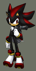 Size: 1004x1988 | Tagged: safe, artist:nan0jam, shadow the hedgehog, 2011, clothes, grey background, holding something, jacket, looking at viewer, simple background, solo, standing