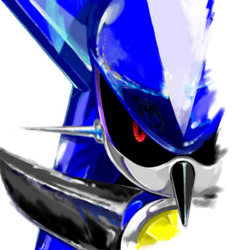 Size: 600x600 | Tagged: safe, artist:manaita, metal sonic, neo metal sonic, 2004, black sclera, close-up, looking at viewer, robot, simple background, solo, white background