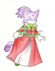 Size: 700x899 | Tagged: safe, artist:milestailsprower-007, blaze the cat, 2006, christmas, christmas outfit, dress, eyes closed, lifting dress, simple background, smile, solo, standing, traditional media, white background