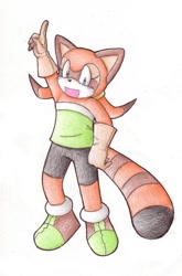 Size: 500x756 | Tagged: safe, artist:milestailsprower-007, marine the raccoon, 2008, mouth open, open smile, pointing, simple background, smile, smiling at viewer, solo, standing, traditional media, white background