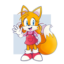 Size: 1202x1205 | Tagged: safe, artist:swift-kwikster, miles "tails" prower, 2025, dress, overalls, shirt, smile, solo, standing, trans female, trans girl tails, transgender, waving