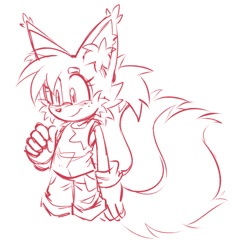 Size: 770x799 | Tagged: safe, artist:son1c, miles "tails" prower, 2025, blushing, clothes, cute, ear fluff, eyelashes, freckles, line art, looking offscreen, shorts, simple background, smile, solo, tank top, trans boy tails, trans male, transgender, white background