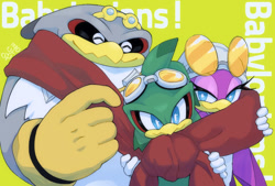 Size: 969x654 | Tagged: safe, artist:ilovebabylonrogues, jet the hawk, storm the albatross, wave the swallow, 2025, babylon rogues, cute, eyes closed, jetabetes, looking at viewer, scarf, sharing a scarf, simple background, smile, smiling at viewer, standing, stormabetes, text, trio, waveabetes, yellow background