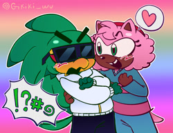 Size: 1341x1034 | Tagged: safe, artist:gikijet, amy rose, jet the hawk, 2025, amy x jet, amybetes, blushing, clothes, cute, dark skin, duo, eyelashes, flat colors, heart, jacket, jetabetes, outline, pants, shipping, shirt, signature, speech bubble, standing, straight, sunglasses