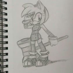 Size: 1280x1280 | Tagged: safe, artist:the-fading-light, amy rose, 2017, eyelashes, greyscale, holding something, looking at viewer, monochrome, pencilwork, piko piko hammer, signature, solo, sonic boom (tv), standing, traditional media