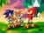 Size: 2048x1536 | Tagged: safe, artist:blitzerhog12, knuckles the echidna, miles "tails" prower, sonic the hedgehog, echidna, fox, hedgehog, 2025, abstract background, classic knuckles, classic sonic, classic sonic (universe), classic tails, clouds, frown, grass, holding something, looking at each other, looking at them, male, master emerald, palm tree, smile, sonic the hedgehog 3, standing, sunset, team sonic, trio