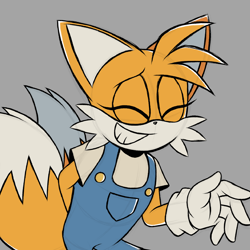 Size: 2048x2048 | Tagged: safe, artist:joopitor, miles "tails" prower, oc, oc:millie "tails" prower, 2024, alternate outfit, alternate universe, au:renegade, clothes, eyelashes, eyes closed, grey background, hand behind back, overalls, shirt, simple background, smile, solo, trans female, trans girl tails, transgender