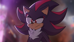 Size: 1920x1080 | Tagged: safe, artist:joopitor, shadow the hedgehog, sonic the hedgehog 3 (film), 2024, city, frown, gradient background, lidded eyes, looking offscreen, nighttime, outdoors, redraw, solo