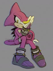 Size: 1144x1538 | Tagged: safe, artist:asb-fan, espio the chameleon, 2021, frown, grey background, looking at viewer, one fang, simple background, sitting, solo