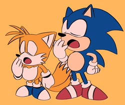 Size: 2000x1691 | Tagged: safe, artist:the1_avy, miles "tails" prower, sonic the hedgehog, 2025, blue shoes, classic sonic, classic tails, duo, eyes closed, flat colors, hand on hip, mouth open, redraw, simple background, yawning, yellow background