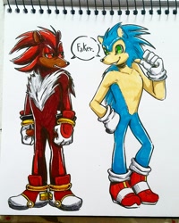 Size: 918x1148 | Tagged: safe, artist:draw_ju, shadow the hedgehog, sonic the hedgehog, 2020, dialogue, duo, english text, faker, frown, lidded eyes, looking at each other, mouth open, redesign, smile, speech bubble, standing, text, traditional media