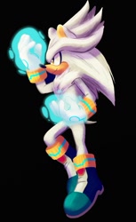 Size: 431x705 | Tagged: safe, artist:draw_ju, silver the hedgehog, 2020, alternate version, black background, lineless, looking offscreen, psychokinesis, side view, simple background, smile, solo