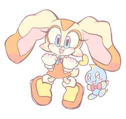 Size: 909x857 | Tagged: safe, artist:entertheflorpus, cheese (chao), cream the rabbit, chao, 2017, alternate eye color, blue eyes, blushing, cheeseabetes, creamabetes, cute, duo, eyelashes, flat colors, heart, large ears, neutral chao, simple background, smile, standing, white background