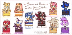 Size: 4096x1983 | Tagged: safe, artist:corroxion, amy rose, blaze the cat, cream the rabbit, knuckles the echidna, metal sonic, miles "tails" prower, rouge the bat, shadow the hedgehog, silver the hedgehog, sonic the hedgehog, 2025, amybetes, blazebetes, cake, character name, chibi, creamabetes, cute, english text, food, group, knucklebetes, metalbetes, robot, rougabetes, shadowbetes, silvabetes, simple background, sitting, sitting on object, smile, sonabetes, tailabetes, white background