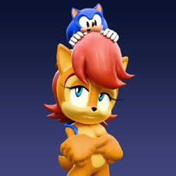 Size: 1200x1200 | Tagged: safe, artist:hunicrio, sally acorn, sonic the hedgehog, chipmunk, hedgehog, 3d, classic sonic, duo, female, gradient background, male, on head, sally's vest and boots, small