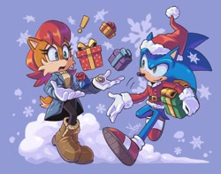 Size: 2760x2163 | Tagged: safe, artist:angiethecat, sally acorn, sonic the hedgehog, chipmunk, hedgehog, christmas, clothes, exclamation mark, female, holiday, male, present, sally x sonic, shipping, snow, snowflake, straight, winter outfit