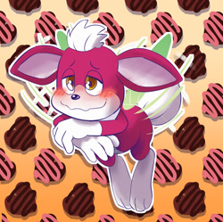 Size: 1273x1270 | Tagged: safe, artist:raadwolvesart, artist:sparksketching, chip, 2025, abstract background, blushing, chocolate, flapping wings, flying, food, lidded eyes, mid-air, outline, smile, solo