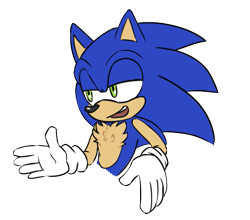 Size: 601x530 | Tagged: safe, artist:raadwolvesart, artist:sparksketching, sonic the hedgehog, 2024, chest fluff, flat colors, lidded eyes, looking offscreen, mouth open, open smile, simple background, smile, solo, transparent background