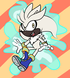 Size: 1280x1433 | Tagged: safe, artist:raadwolvesart, artist:sparksketching, silver the hedgehog, 2019, abstract background, dark skin, flat colors, flying, looking at viewer, mid-air, mouth open, open smile, psychokinesis, smile, solo, striped background