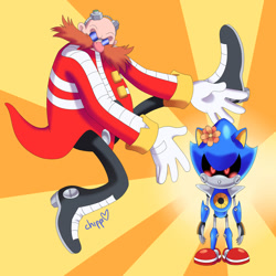 Size: 1280x1280 | Tagged: safe, artist:raadwolvesart, artist:sparksketching, metal sonic, robotnik, human, 2019, abstract background, black sclera, blushing, duo, flower, flower in ear, looking at viewer, mid-air, posing, robot, signature, standing