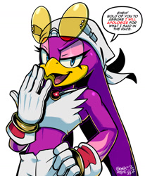 Size: 1300x1579 | Tagged: safe, artist:gemlik_rogue, wave the swallow, bird, swallow, 2025, covering mouth, dialogue, english text, eyelashes, female, hand on hip, lidded eyes, mouth open, signature, simple background, solo, sonic racing crossworlds, speech bubble, standing, talking, talking to viewer, text, white background