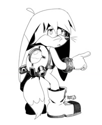 Size: 926x1133 | Tagged: safe, artist:gemlik_rogue, kit the fennec, 2025, :<, black and white, frown, lidded eyes, looking at viewer, pointing, signature, solo, standing, whiskers