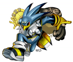 Size: 1172x1010 | Tagged: safe, artist:gemlik_rogue, storm the albatross, 2025, arms out, babylon rogues logo, extreme gear, holding something, looking offscreen, sack, signature, simple background, smile, solo, white background