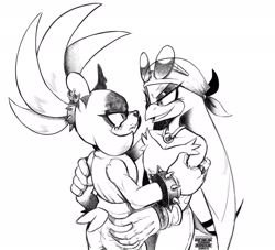 Size: 1984x1800 | Tagged: suggestive, artist:gemlik_rogue, surge the tenrec, wave the swallow, black and white, butt, butt grab, duo, holding each other, lesbian, looking at each other, monochrome, shipping, simple background, smile, standing, surge x wave, white background