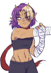 Size: 1448x2048 | Tagged: safe, artist:faburin, espio the chameleon, human, 2025, alternate outfit, bandage, bandaid, clothes, crop top, eye clipping through hair, eyebrow clipping through hair, frown, gloves off, hair over one eye, horns, humanized, looking offscreen, midriff, one eye closed, pants, partially humanized, scar, scarf, simple background, solo, standing, stretching, white background