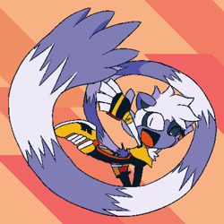 Size: 1728x1728 | Tagged: safe, artist:soup-with-a-blog, tangle the lemur, lemur, 2025, abstract background, arms out, clothes, eyelashes, female, fingerless gloves, mid-air, mouth open, open smile, smile, smiling at viewer, solo, wink, winking at viewer