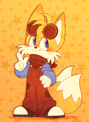 Size: 1491x2048 | Tagged: safe, artist:r0yalstar, miles "tails" prower, 2025, abstract background, alternate outfit, bandana, brown shoes, clothes, cute, goggles, goggles on head, overalls, pointing, solo, standing, star (symbol), sweater, tailabetes