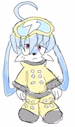 Size: 1437x2434 | Tagged: safe, artist:bobbutterbutt, kit the fennec, 2025, boots, clothes, coat, cute, fennec, flat colors, frown, fully clothed, goggles, goggles on head, kitabetes, lidded eyes, looking at viewer, male, riders outfit, simple background, sketch, solo, standing, white background