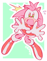 Size: 1594x2057 | Tagged: safe, artist:chronocrump, amy rose, 2025, border, flat colors, looking at viewer, mouth open, outline, shocked, solo, sweatdrop