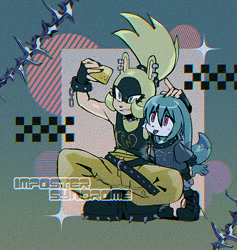 Size: 854x899 | Tagged: safe, artist:mumidraws, kit the fennec, surge the tenrec, 2025, alternate outfit, belt, boots, broken heart, chain, clothes, duo, fingerless gloves, heart, holding something, looking at camera, phone, punk, selfie, shirt, shoelaces, signature, smile, sparkles, spiked bracelet, spiked collar, tank top