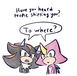 Size: 618x612 | Tagged: safe, artist:aleespace-art, espio the chameleon, shadow the hedgehog, 2025, cute, dialogue, duo, english text, gay, looking at viewer, meme, people are shipping us, shadpio, shipping, simple background, speech bubble, talking, text, white background
