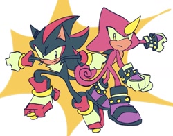 Size: 1833x1439 | Tagged: safe, artist:aleespace-art, espio the chameleon, shadow the hedgehog, 2025, duo, frown, gay, looking at viewer, posing, shadpio, shipping