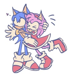 Size: 724x800 | Tagged: safe, artist:aleespace-art, amy rose, sonic the hedgehog, 2025, amy x sonic, cute, duo, flat colors, hand on another's head, heart, hugging, looking offscreen, mouth open, open smile, shipping, simple background, smile, standing, straight, white background