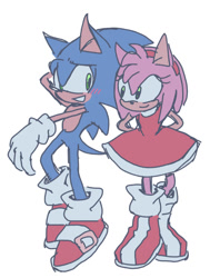 Size: 826x1045 | Tagged: safe, artist:aleespace-art, amy rose, sonic the hedgehog, 2025, amy x sonic, blushing, duo, flat colors, hand behind head, hands behind back, nervous, shipping, simple background, smile, standing, straight, white background