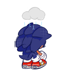 Size: 1122x1255 | Tagged: safe, artist:emerald--antssss, sonic the hedgehog, 2025, cloud, crouching, from behind, rain, rain cloud, signature, simple background, solo, white background