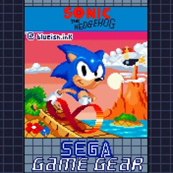 Size: 1440x1440 | Tagged: safe, artist:blueish.ink, robotnik, sonic the hedgehog, human, 2023, abstract background, box art, bridge, bush, classic robotnik, classic sonic, clouds, duo, eggmobile, fire, flower, game gear, island, looking at viewer, outdoors, pixel art, redraw, running, sega logo, signature, smile, sonic the hedgehog (8bit), sunrise, super peel-out, text, water